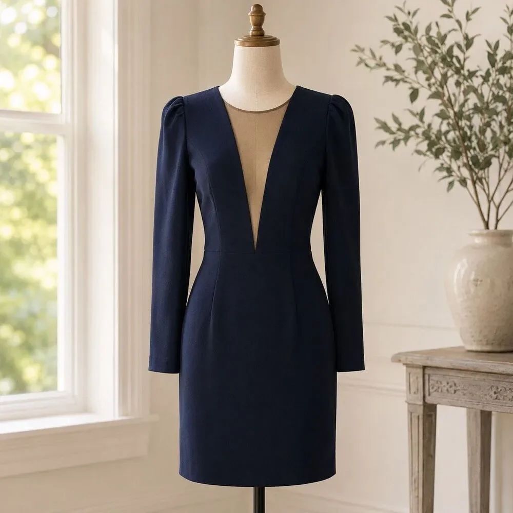 Dress The Population Deep V Mesh Cocktail Dress Navy Sheath Long Sleeve L